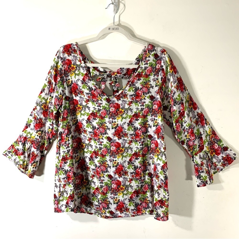 2/$35 Kori Ruffle Vintage Floral Double Bow Back Blouse